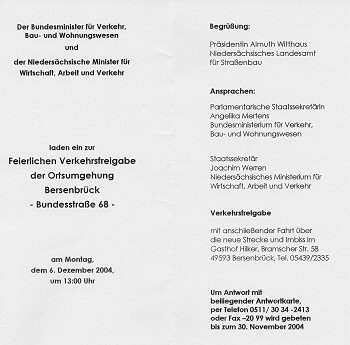 Einladung zur Verkehrsfreigabe der Ortsumgehung Bersenbrück