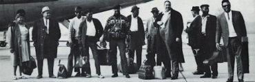 1966 AFBF ensemble (l to r): Sippie Wallace, Roosevelt Sykes, Jack Myers, Junior Wells, Fred Below, Yank Rachell, Sleepy John Estes, Big Joe Turner, Little Brother Montgomery, Robert Pete Williams, Otis Rush; source: American Folk Blues Festival '68 program, p. 2; photographer: Rolf Ambor; click to enlarge!