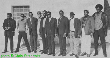 1969 AFBF ensemble (l to r): Mac Thompson, Earl Hooker, Clifton Chenier, Juke Boy Bonner, Cleveland Chenier, Magic Sam, Carey Bell, 'Whistling' Alex Moore, John Jackson, Robert St. [not 'Judy'] Julien; source: Blues Unlimited 130 (1978), p. 24; photographer: Chris Strachwitz; click to enlarge!