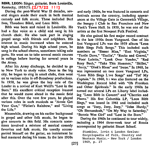 1969 bio (Stambler, Irvin & Landon Grelun: Encyclopedia of Folk, Country and Western Music.- New York / London 1969, p. 27)