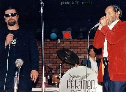 William Clarke and B L I N D   J O E   H I L L with the James Harman Band in Los Angeles, c. 1988; source: http://www.travelingboy.com/tim/billy_watson3.jpg; photographer: T.E. Mattox
