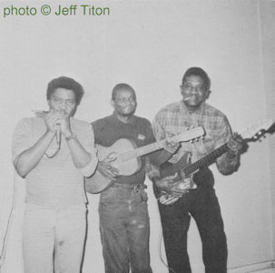 George 'Mojo' Buford, Lazy Lucas & Jo Jo Williams; source: Blues Unlimited 78 (December 1970), p. 14; photographer: Jeff Titon