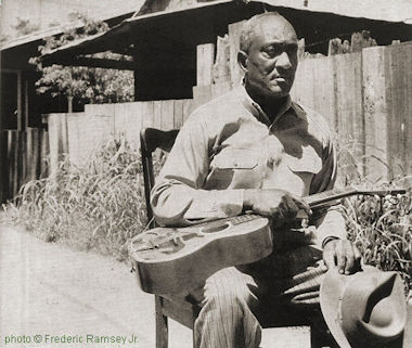 William Carridine at his home at 7 Buckner's Alley [now '7 Buckner Ave.'], Natchez; source: Jazz Monthly November 1957, p. 3; photographer: Frederic Ramsey Jr.; click to enlarge!