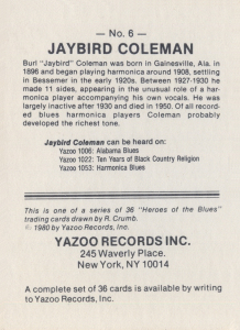 J A Y B I R D   C O L E M A N; source: Robert Crumb's 'Heroes Of The Blues' - A set of 36 cards # 6 (Yazoo Records. Inc.)