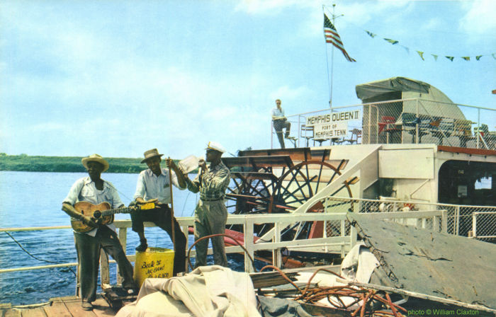 Dewey Corley and Will Shade at the port of Memphis, TN in front of the 'Memphis Queen II', 1960 (The third musician is a riverboat worker); source: Joachim E. Berendt & William Claxton: Jazz Life - Auf den Spuren des Jazz.- Offenburg (Burda Druck und Verlag GmbH) 1961, pp. 98-99; photographer: William Claxton; photoshop embellished by Stefan Wirz; click to enlarge!