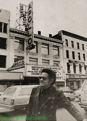 L A R R Y   D A L E outside the Apollo, 1986; photographer: Paul Harris; source: Juke Blues # 9 (1987), p. 8