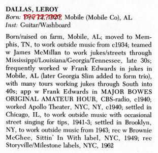 L E R O Y   D A L L A S   b i o g r a p h y; source: Sheldon Harris: Blues Who's Who.- p. 140