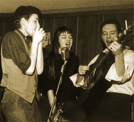 Bob Dylan, K A R E N   D A L T O N and Fred Neil at the Cafe Wha? Feb. 1961; photographer: Fred W. Darrah