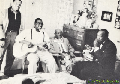 Otis Cherry, K.C. Douglas, Mercy Dee Walton, Sidney Maiden; source: Blues Link 5 (1974), p. 15; photographer: Chris Strachwitz; click to enlarge!