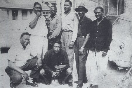 The Beale Streeters on tour in South Carolina, 1952; l to r: standing: Junior Parker, Hamp Simmons, Jimmy Johnson, Eugene Ballow, Pat Hare; kneeling: Bobby Bland, Joe Fritz; source: Juke Blues #23 (Summer 1991), p. 9 ('Norbert Hess / Joe Fritz collection')