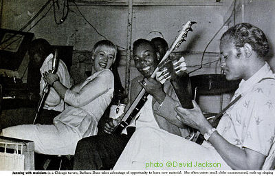 Sunnyland Slim, Barbara Dane, Andrew Stephens, most likely Francis Clay (behind Stephens) & P A T   H A R E at Smitty's Corner, Chicago, 1959; source: Ebony Vol. XV No. 1 (November 1959), p. 150; photographer: David Jackson