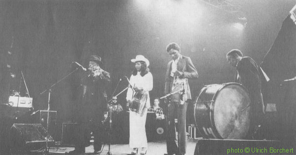 Como Mississippi Fife & Drum Band (l to r: Napoleon Strickland, Jessie Mae Hemphill, Calvin Jackson, Abe Young) at the Metropol, Berlin, Germany, October 28, 1980; source: Blues Forum 2 (März/April/Mai 1981), p. 21; photographer: Ulrich Borchert