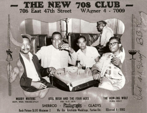 unknown, Howlin' Wolf, L I T T L E   H U D S O N, Lane (the 708 Club security guard) & B.B. King, 708 Club, Chicago, IL, mid-1950s; source: Blues Unlimited 137/138 (Spring 1980), p. 11 ('courtesy Little Hudson')