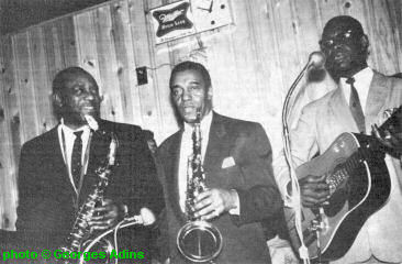 J.T. Brown, Boyd Atkins & Elmore James; source: Blues Unlimited #116 (November/December 1975), p. 26; photographer: Georges Adins; click to enlarge!