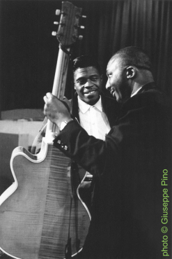 J.B. Lenoir & Junior Wells during the 'Alabama Blues' tour (subsequent to the American Folk Blues Festival '66, featuring Lenoir, Wells, Little Brother Montgomery, Jack Myers & Fred Below), late October or November 1966 with a Gagliano Model K-150 archtop guitar (made by Höfner/Germany); source: Giuseppe Pino: Black & Blues.- Hamburg, Germany (earBOOKS, a division of edel CLASSICS GmbH) 2005, no pagination; photographer: Giuseppe Pinoclick to enlarge!