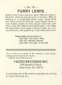 F U R R Y   L E W I S; Robert Crumb's 'Heroes Of The Blues' card # 16, back page; © 1980 by Yazoo Records, Inc., 245 Waverly Place. New York, NY 10014