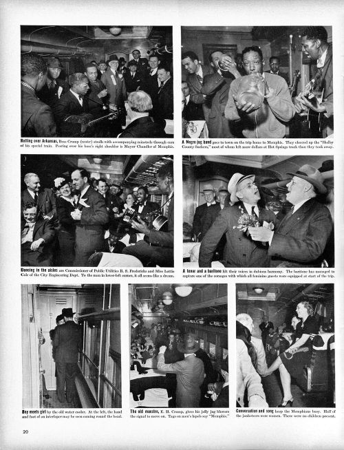'A Negro jug band' 'on their trip home to Memphis' and thereby playing for 'Boss Crump', who 'strolls with accompanying minstrels through cars of his special train'; on 1st, 2nd and 3rd photo: Charlie Burse with guitar; on 2nd photo: Will Shade with jug; source: Life magazine Vol. 8, No. 13 (March 25, 1940), p. 20; jug band photos reprinted in Blues & Rhythm #62 (1991); click to enlarge!