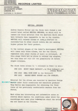 Febr. 1971 Revival Records info sheet