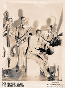 Memphis Slim and his quartet in the first half of 1948. From left, prob. Ernest 'Big' Crawford (b), Ernest Cotton (ts), Memphis Slim, Alex Atkins (as); source: http://myweb.clemson.edu/~campber/miracle.html ('From the collection of Scott Arnold'); click to enlarge!