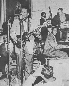 Chuck Berry with Johnnie Johnson, p, c. 1957; source: Blues Unlimited # 140 (Spring 1981), p. 17; photographer's name not given
