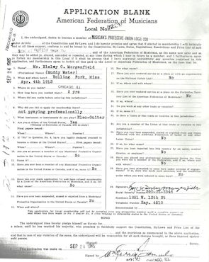 Muddy Waters' September 24, 1945 AFM (American Federation of Musicians) application form