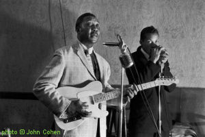 Muddy Waters with Isaac Washington at Carnegie Hall in New York City, April 3, 1959; photographer: John Cohen; The harmonicist is *not* Little Walter, as almost all internet sources claim! 'Don't Follow Leaders, Watch The Pawking Metaws.'