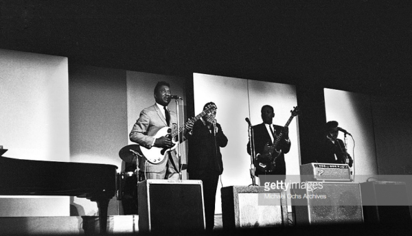 Muddy Waters Band at the New York Folk Festival @ Carnegie Hall, June 17 or 19, 1965; l to r: Muddy Waters, James Cotton, Jimmy Lee Morris [neither Sammy Lawhorn nor Louis Myers, as some sources claim!], Pee Wee Madison; source: Getty Images; Michael Ochs Archives, photographer's name not given