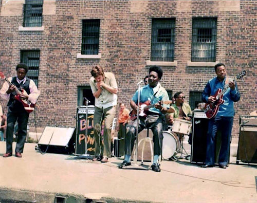 Pee Wee Madison, Paul Oscher, Muddy Waters, Willie 'Big Eyes' Smith, Sammy Lawhorn (& Calvin 'Fuzz' Jones, obscured) at Cook County Jail's first summer entertainment show on June 16, 1971 in a yard at W 26th St. & California Ave., Chicago, IL; source: Joseph Morganfield's facebook page; photographer's name not given