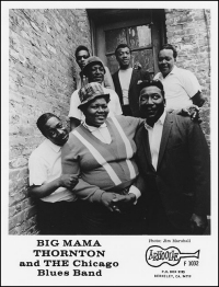 promo photo of Big Mama Thornton with the Muddy Waters Blues Band, 1966 (top left to bottom right): Luther 'Georgia Boy' Johnson, Francis Clay (with hat), Jimmy Lee Morris, James Cotton, Otis Spann, Big Mama Thornton, Muddy Waters; photographer: Jim Marshall